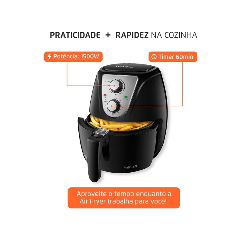 Fritadeira air fryer 1500w 3,6l af36bi preta mondial
